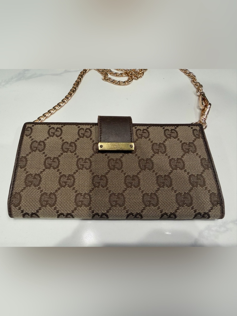 Gucci Brown GG Canvas Chain Wristlet with Gold Hardware